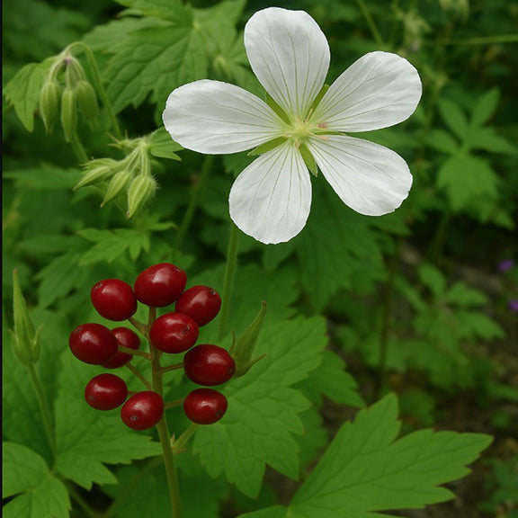 This image shows a striking contrast between two plants in a forest or woodland setting. In the background is a Geranium richardsonii, identifiable by its five distinct white petals with fine pinkish veins. In the foreground is the unmistakable bright red berry cluster of a Red Baneberry (Actaea rubra), a native woodland plant known for its toxic berries.