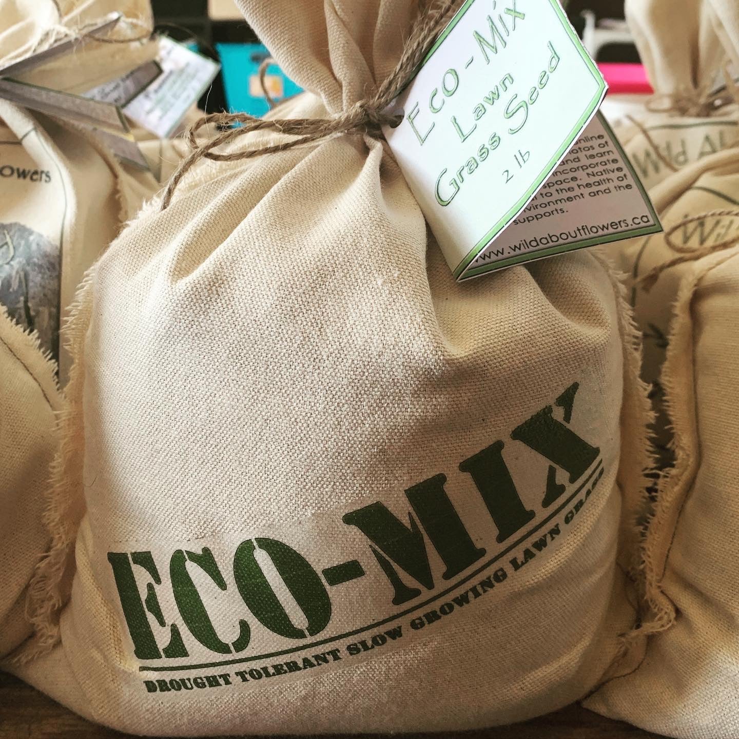 A cloth bag labeled "ECO-MIX" sits prominently on display, stamped in bold green letters with the tagline "Drought Tolerant Slow Growing Lawn Grass". A tag attached with twine reads "Eco-Mix Lawn Grass Seed 2 lb" and provides the Wild About Flowers website. The bag’s natural fabric and rustic presentation perfectly reflect the eco-friendly nature of this native grass seed mix.