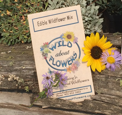 This image shows a Wild About Flowers seed packet labeled "Edible Wildflower Mix" propped up against a rustic wooden log. The packet is decorated with colorful wildflowers forming a circle around the business name. In front of the packet, two real flowers—a bright yellow daisy-like bloom and a light purple aster—rest naturally, complementing the earthy, garden setting.