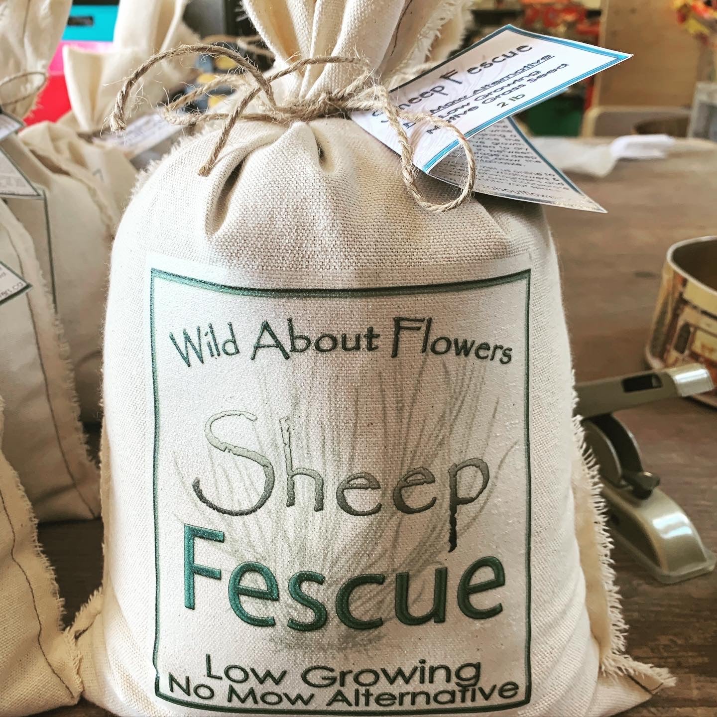 A cloth bag labeled "Wild About Flowers - Sheep Fescue" is shown in the image, tied neatly at the top with twine and a product tag attached. The label highlights it as a "Low Growing, No Mow Alternative" seed mix. The simple green design features soft grass graphics in the background. A rustic wooden table and other seed bags are visible in the background.